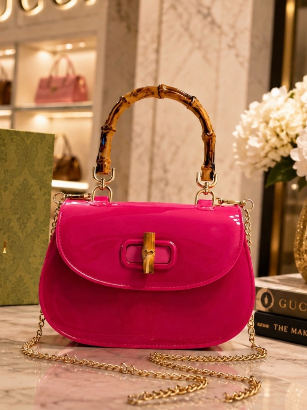 Hot Pink Patent Bamboo Handle Crossbody Handbag Gold Chain NWOT
